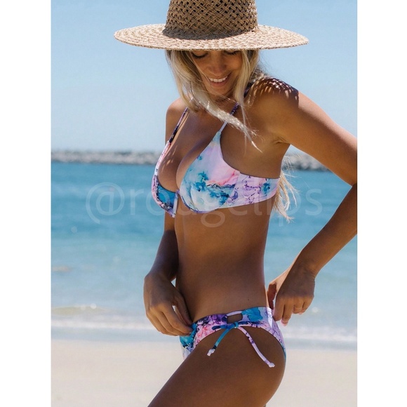 Marble Print Blue Pink Multicolor Bikini 2 Piece Set Swimsuit Bathing Suit - Picture 4 of 6